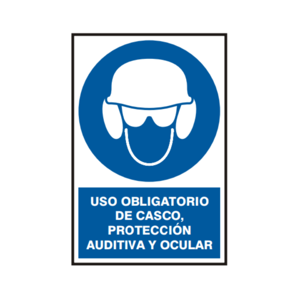 Señal vinil uso obligatorio de casco, protección auditiva y ocular 