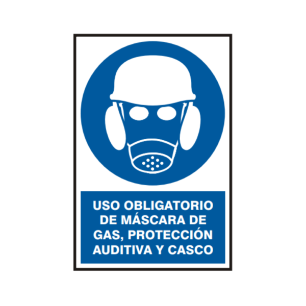 Señal vinil uso obligatorio de mascara de gas, protección auditiva y casco
